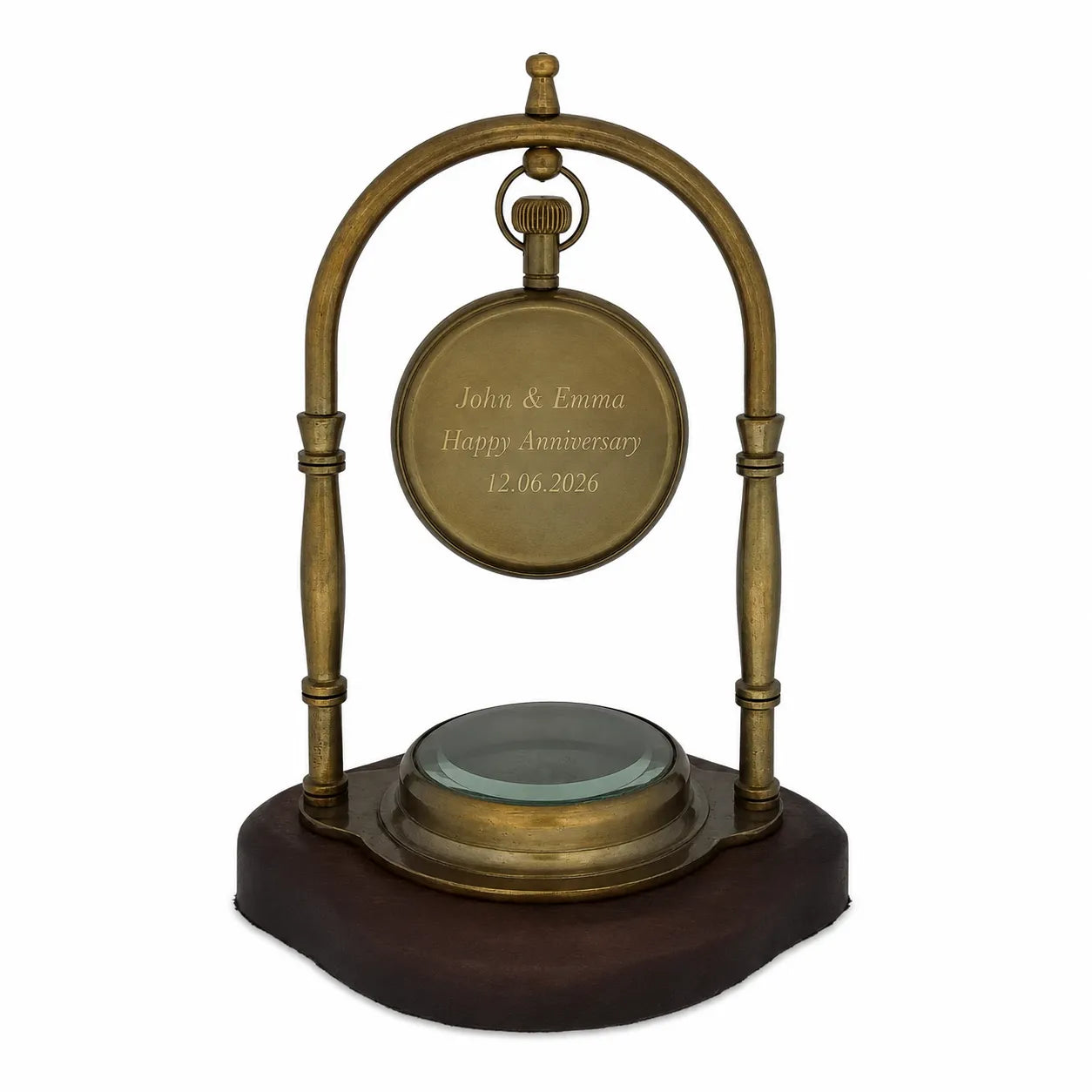 Rear view of personalised brass desk clock with anniversary engraving