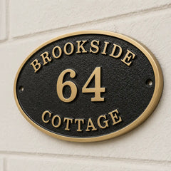 Oval bronze address plaque for homes with custom name and number