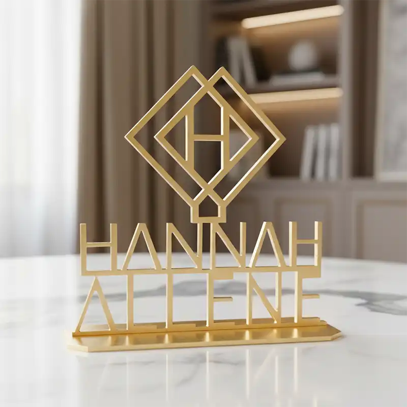 Brass Gold decorative nameplate on table top  