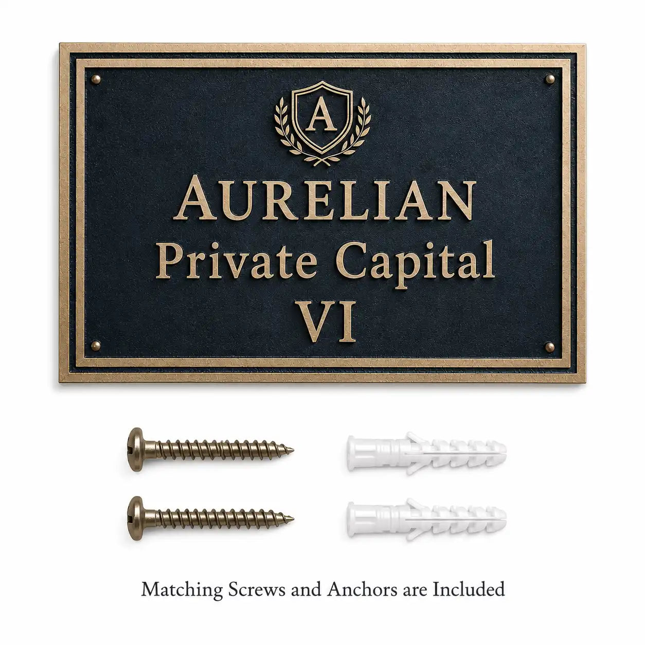 Brass House Number Plaque presented with screws and anchors for secure wall mounting.