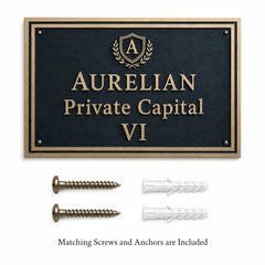 Brass House Number Plaque presented with screws and anchors for secure wall mounting.