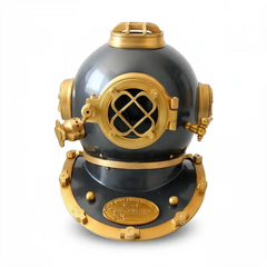 Vintage-style diving helmet for salee with gold accents on a white background