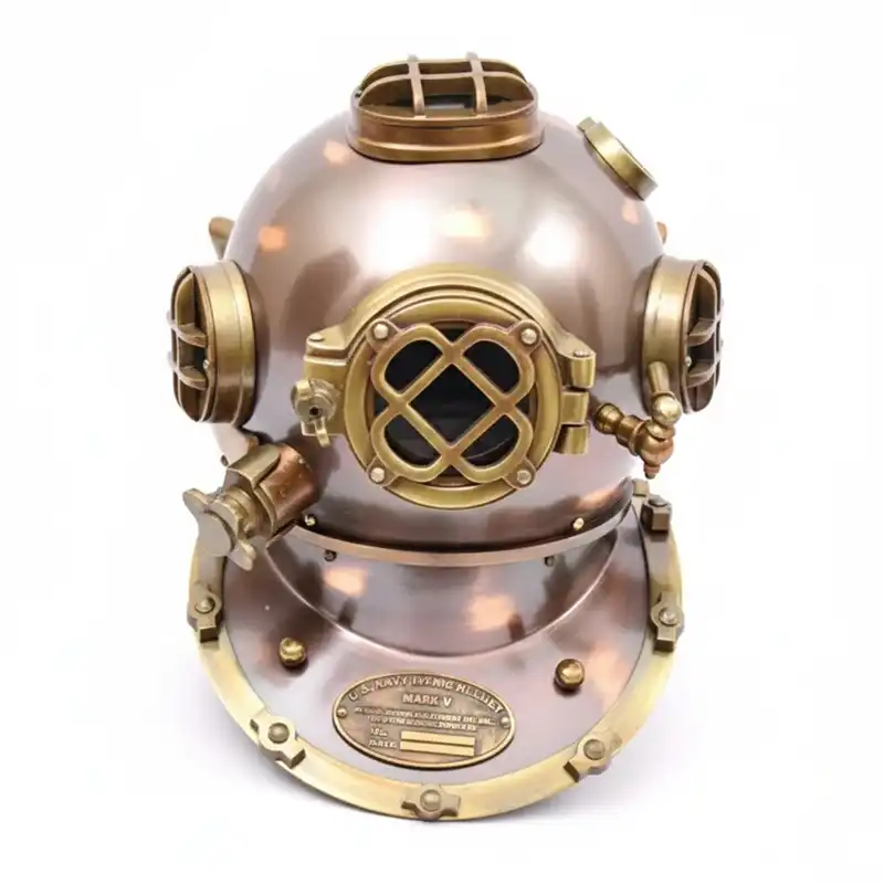 Vintage-style diving helmet with brass and copper finish on a white background