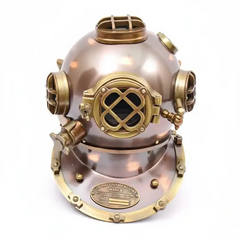 Vintage-style diving helmet with brass and copper finish on a white background