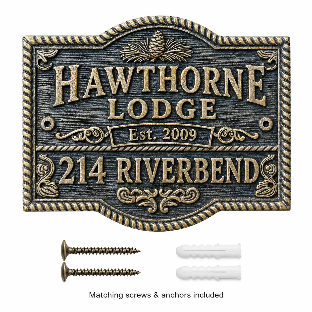 Premium bronze 3D plaque with raised lettering displayed with mounting screws and wall anchors for installation.