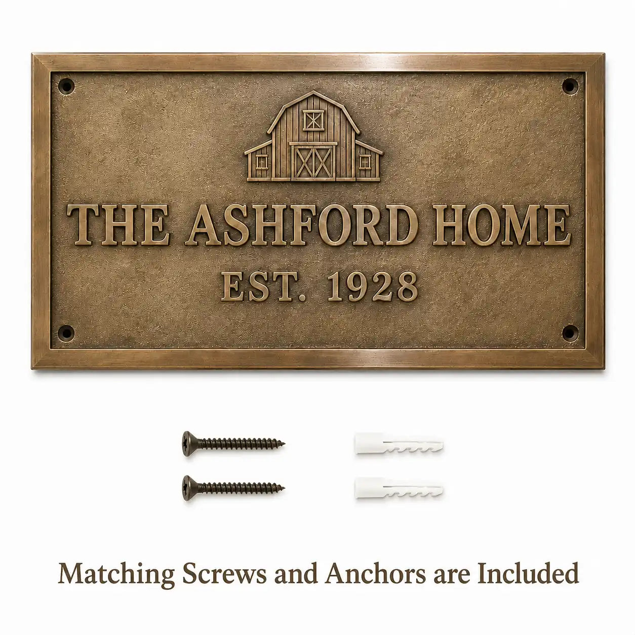 Bronze Name Plates with matching screws and anchors arranged beside the product on a clean background.