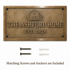 Bronze Name Plates with matching screws and anchors arranged beside the product on a clean background.