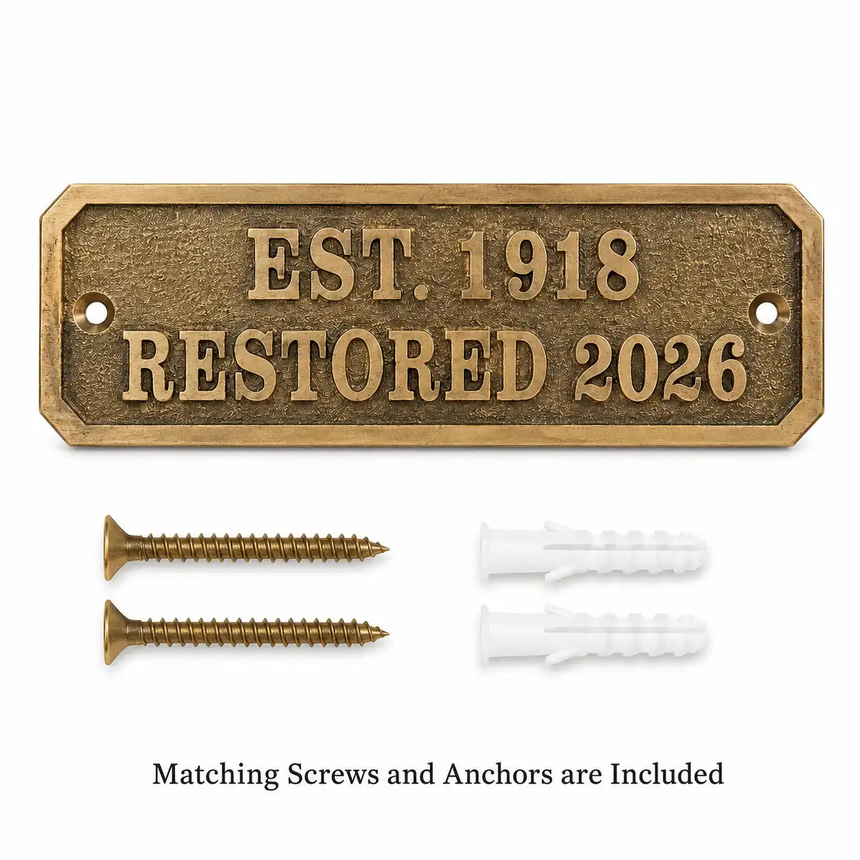 Brass House Number Plaque and mounting kit featuring matching screws and durable wall anchors.