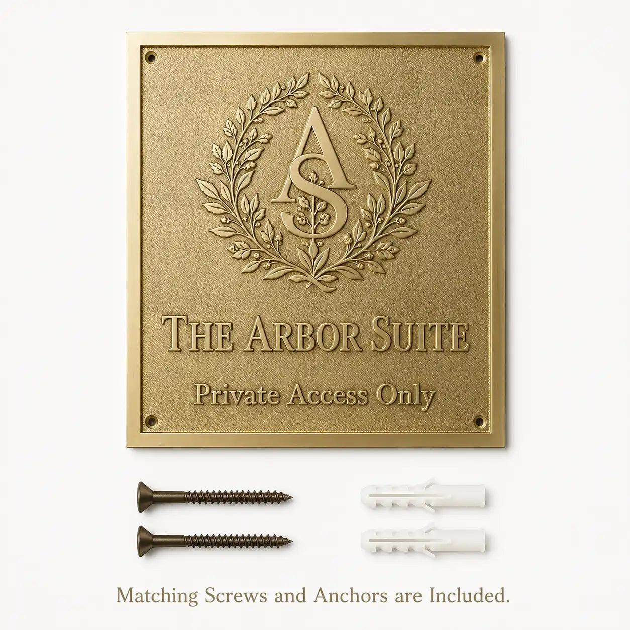 Premium Custom Engraved Brass Plaque presented with installation hardware, including screws and wall anchors.