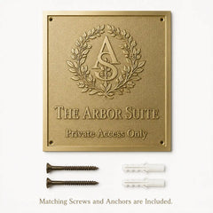 Premium Custom Engraved Brass Plaque presented with installation hardware, including screws and wall anchors.