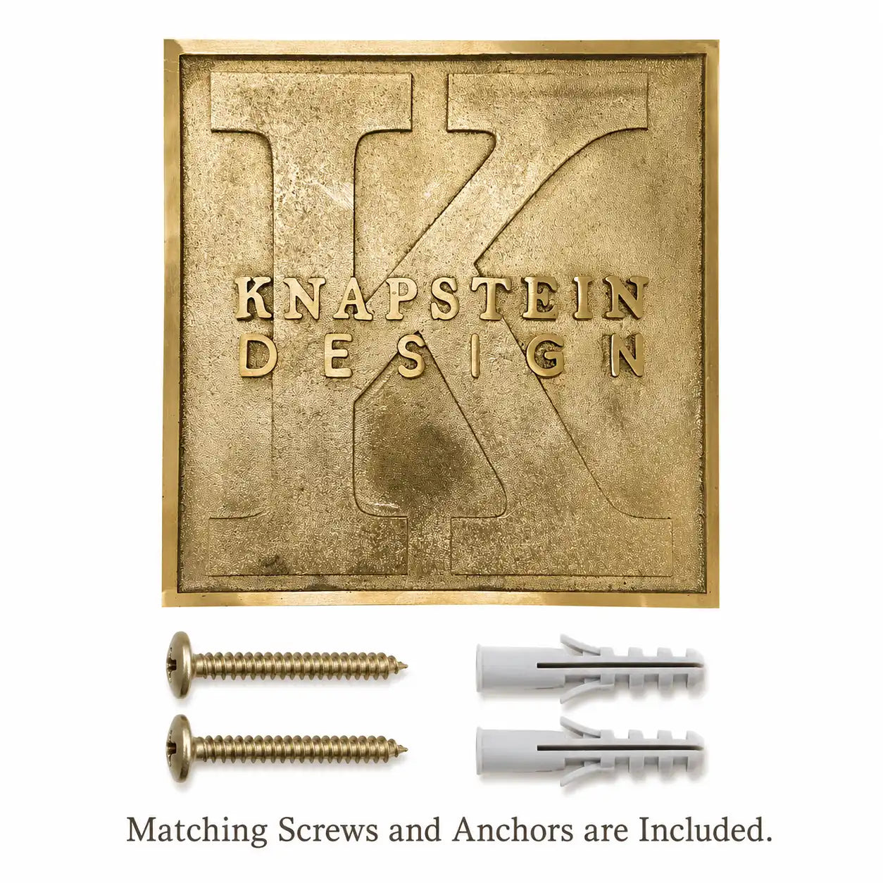 Premium Custom Engraved Brass Plaque presented with installation hardware, including screws and wall anchors.