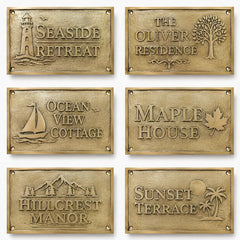 Custom engraved brass plaque with elegant gold background for home address display