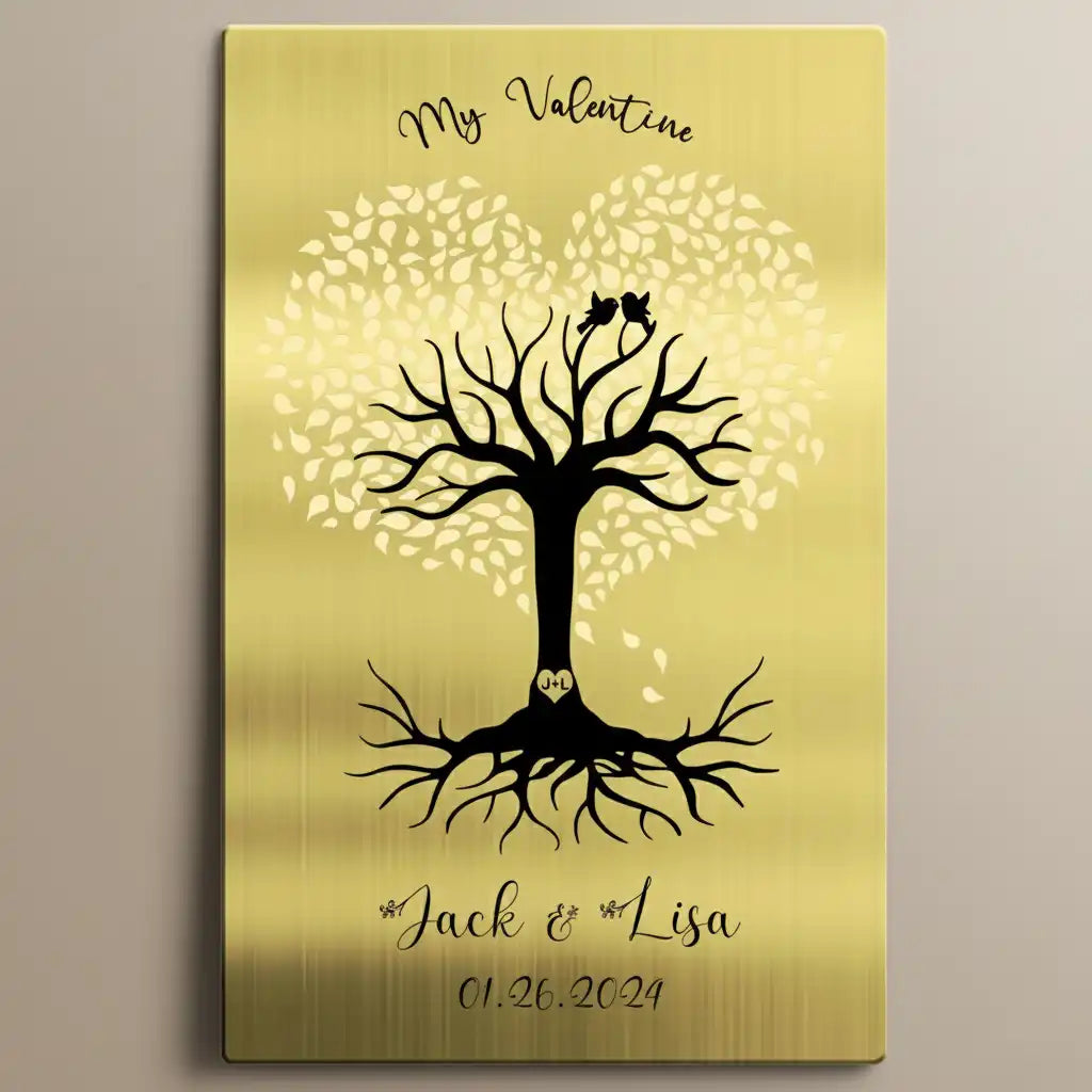 Decorative custom brass nameplate with a tree design, birds, and text on a gold background