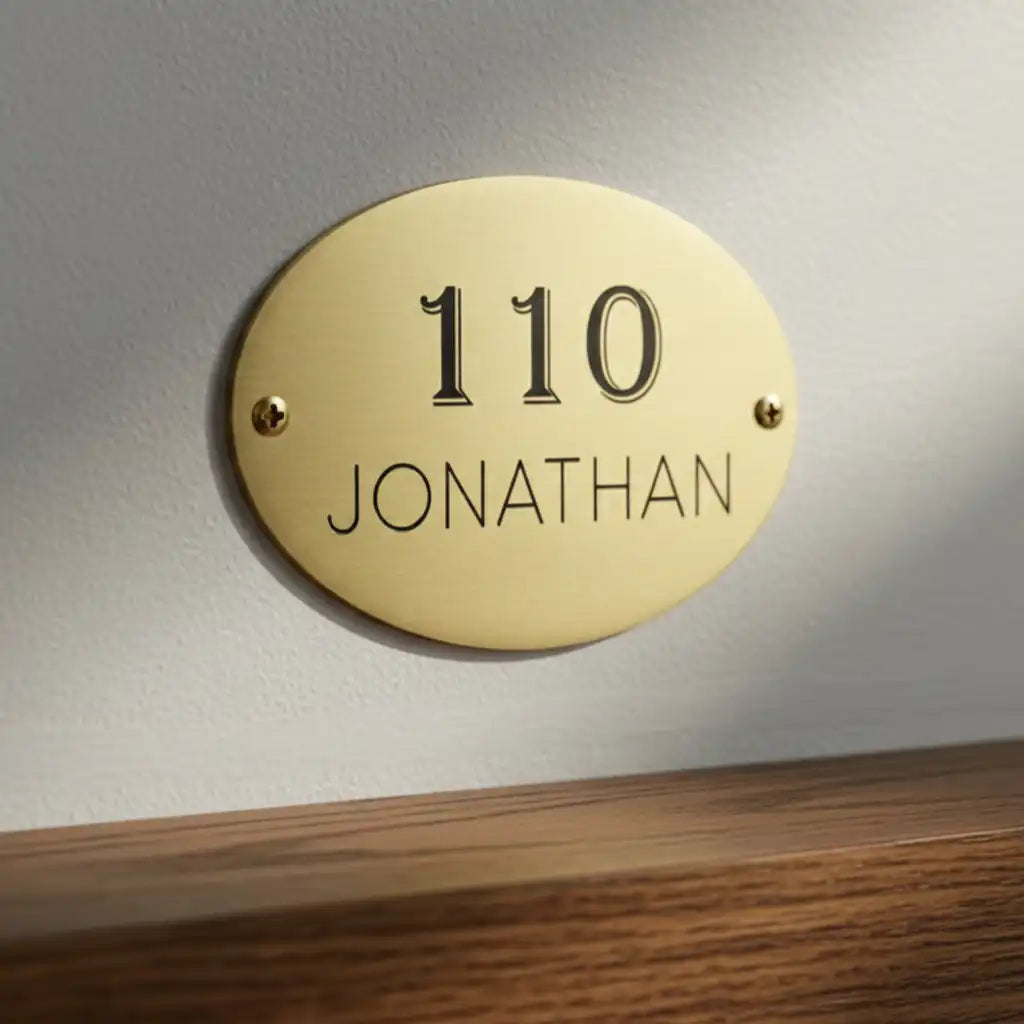 Engraved brass plate: gold oval house number plate on a white wall.