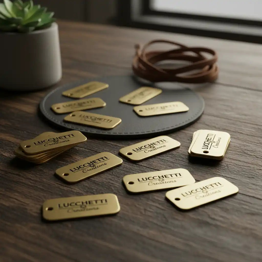 Gold tags with custom branding on a wooden surface.
