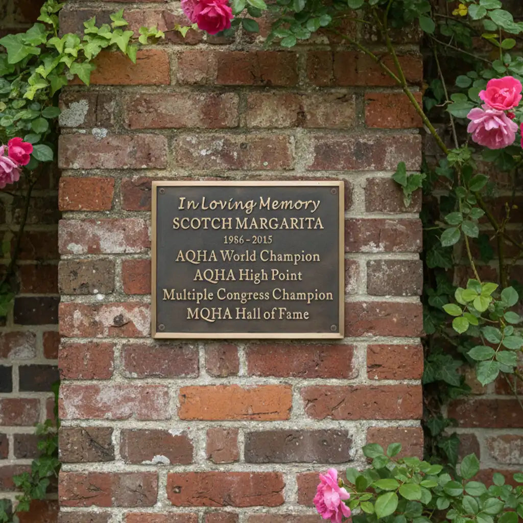 personalized bronze remembrance plaque on a brick wall surrounded by pink flowers and greenery.