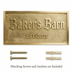Personalized Brass Plaque displayed with two mounting screws and two wall anchors included for installation.