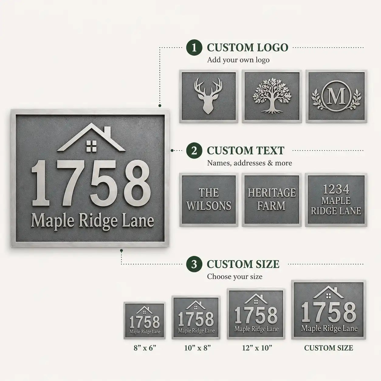 Custom Brass House Number Plaque infographic showing premium metal details, personalized address and installation features.