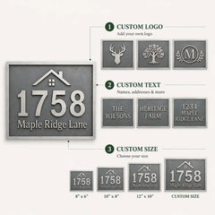 Custom Brass House Number Plaque infographic showing premium metal details, personalized address and installation features.