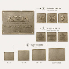 Brass House Number Plaque product infographic showing key features, personalization and installation details.