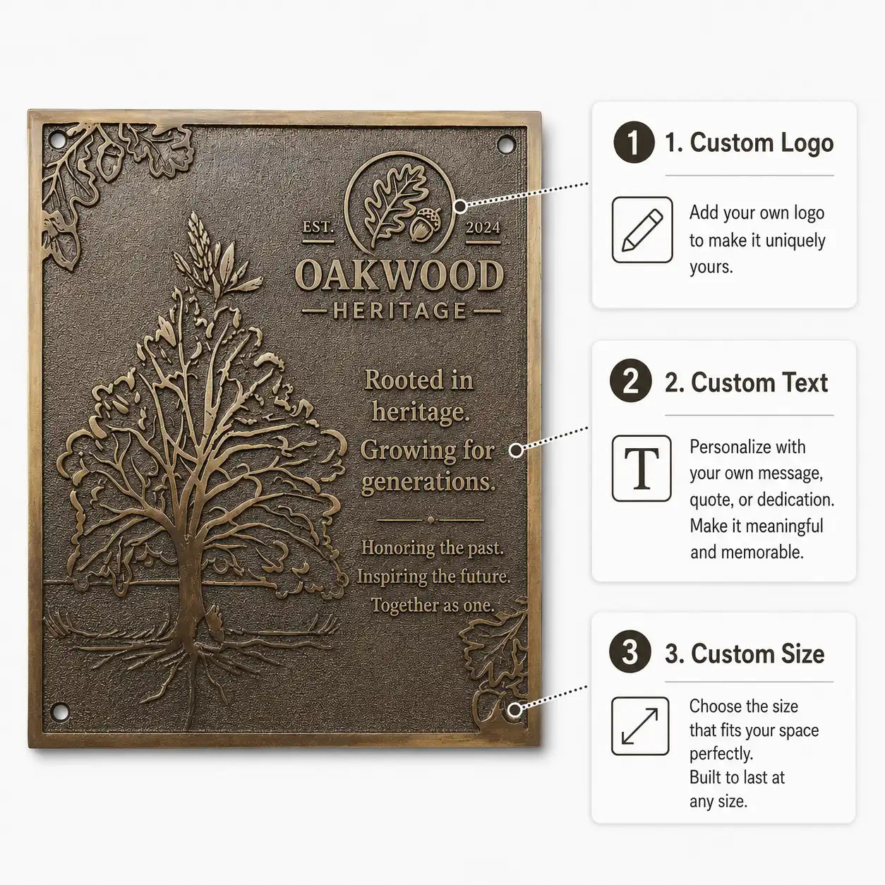 Personalized Cast Bronze Plaque infographic featuring raised details, available dimensions and mounting methods.