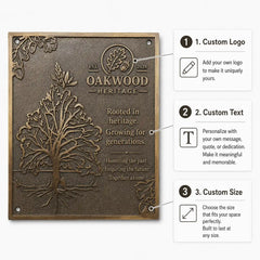 Personalized Cast Bronze Plaque infographic featuring raised details, available dimensions and mounting methods.