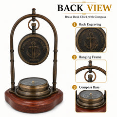 A brass desk clock with an integrated compass and wooden base, shown from the back with labeled detail callouts for back engraving, hanging frame, and compass base. The product is photographed on a white background with text and inset close-ups.
