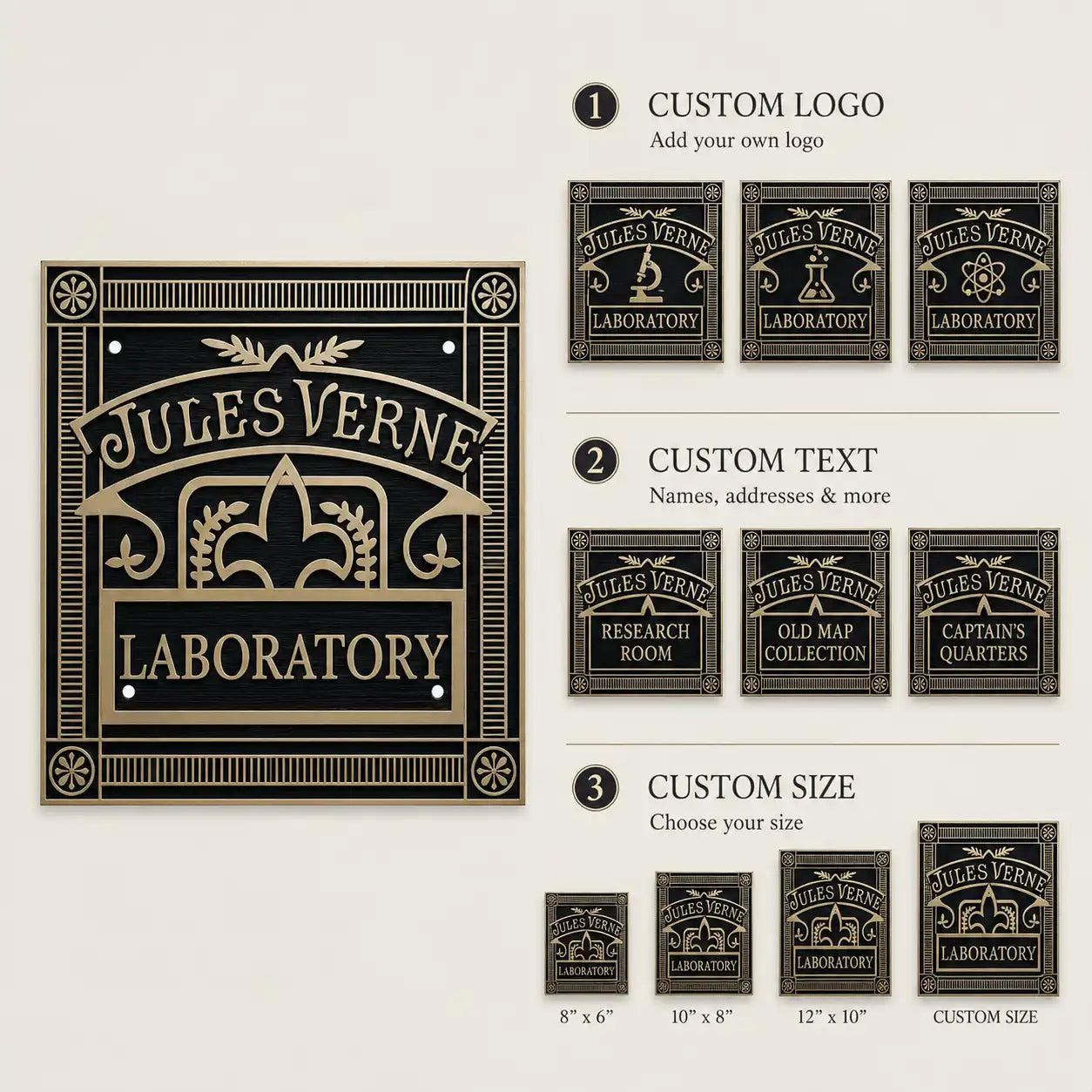 Custom Brass Plaques infographic showing black and silver engraved finish, personalized text, size options and mounting details.