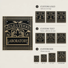 Custom Brass Plaques infographic showing black and silver engraved finish, personalized text, size options and mounting details.