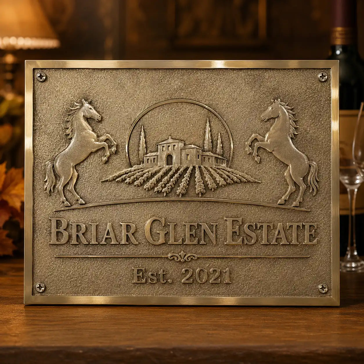 Brass family name sign with custom engraved address