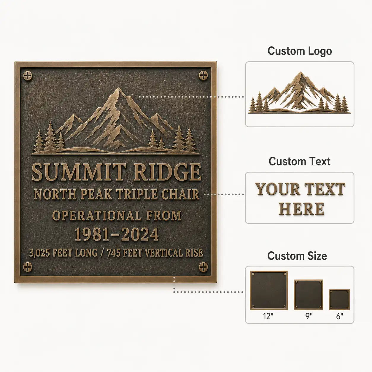 Outdoor Personalized Bronze Plaque infographic displaying custom wording, premium metal finish and installation features