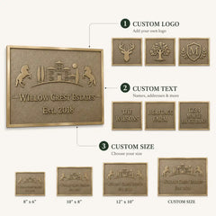 Outdoor Brass House Number Plaque infographic showing custom address numbers, weather-resistant finish and fixing details.