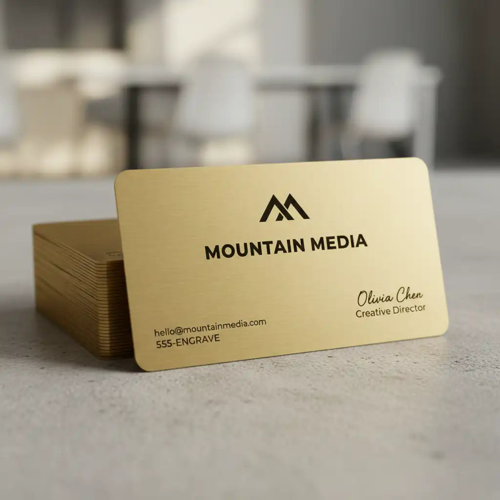 Gold business cards with 'Mountain Media' branding on a blurred indoor background