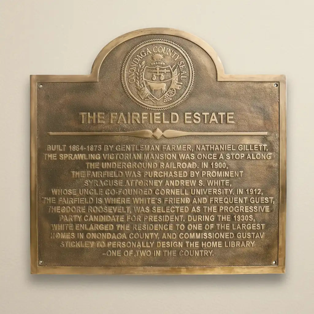 Brass historical home sign on a beige wall