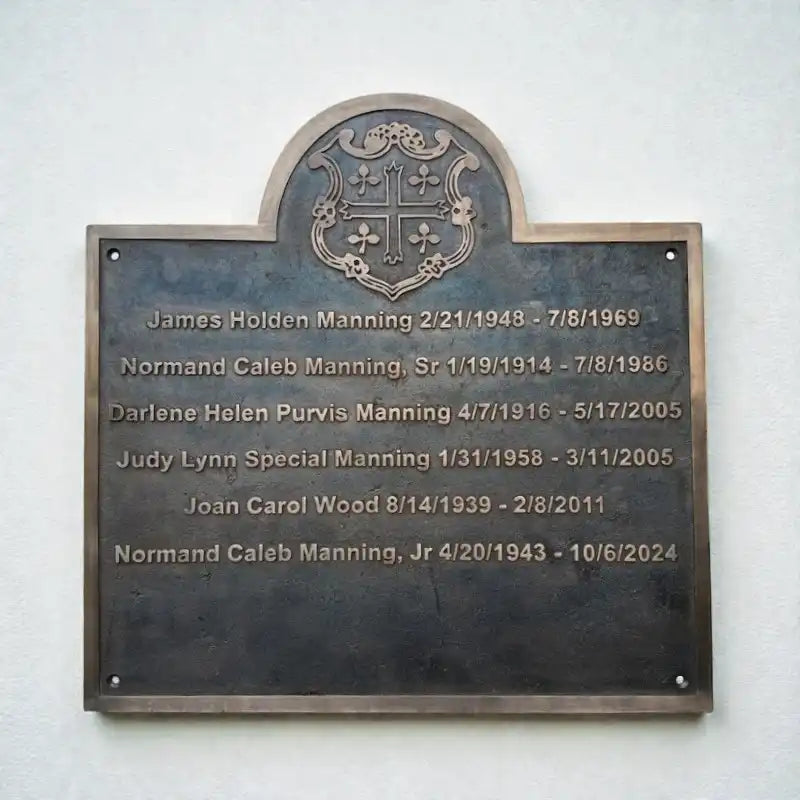 Memorial plaque with names and dates on a white background
