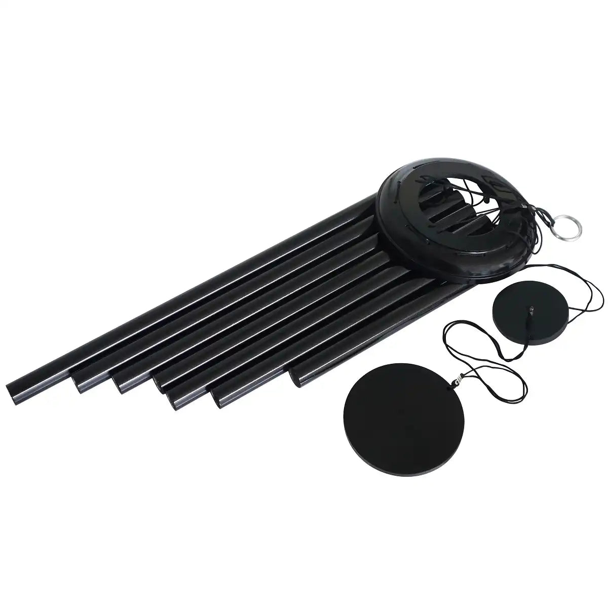 Black metal wind chime with hanging components on a white background