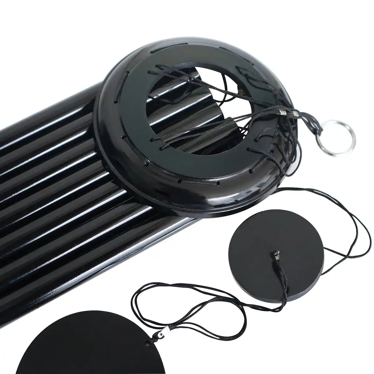 Black Corinthian bell wind chime with circular components on a white background