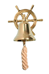 solid brass ship wheel nautical bell with rope