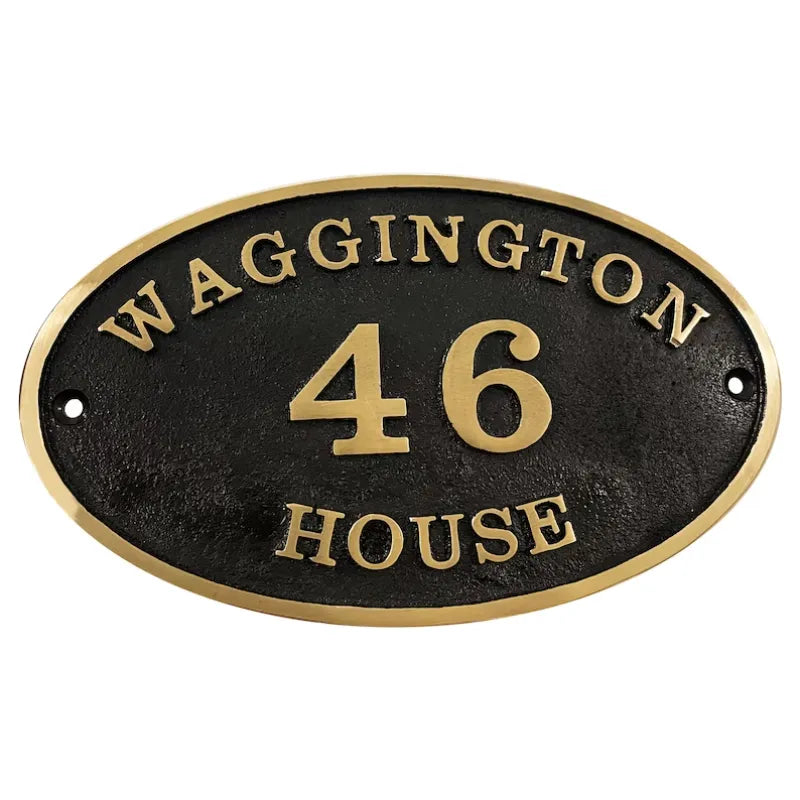 oval bronze address plaque with a dark background. Custom Brass Plaque 