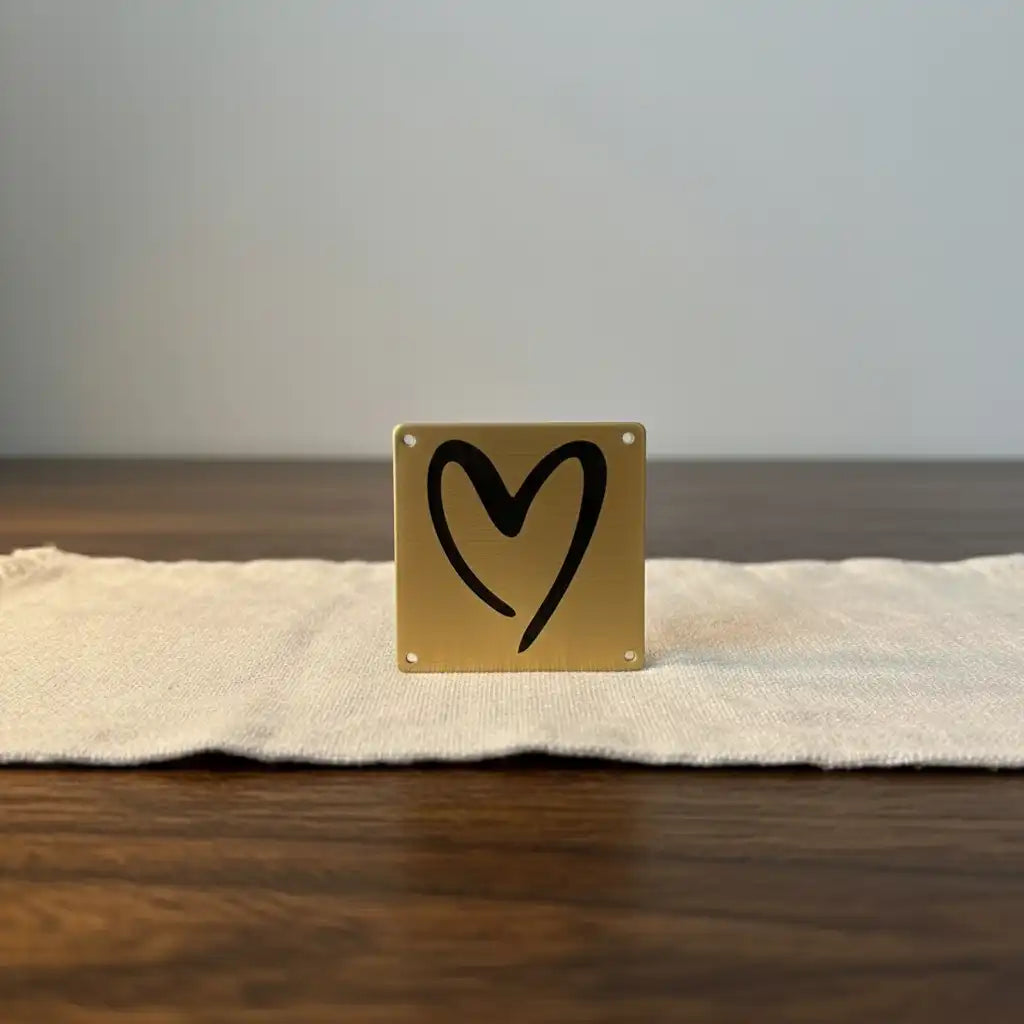 Engraved brass plate tag—gold square with black heart design on a white fabric background