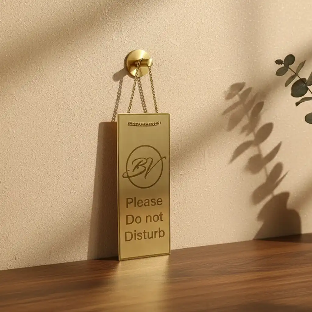 Small brass equipment tag—a gold 'Please Do Not Disturb' sign on a wooden surface with a beige wall background