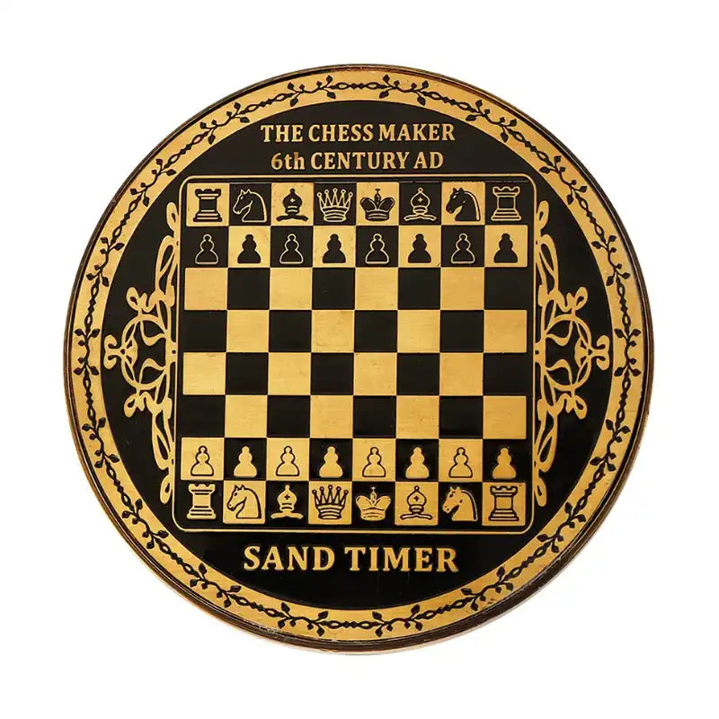 Round sand timer with a chessboard design and 'The Chess Maker' branding on a white background