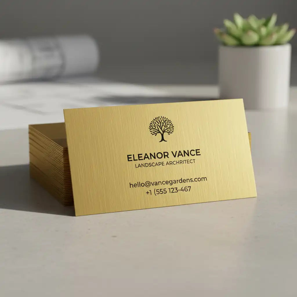 Gold business card with a logo and text on a table with a blurred background
