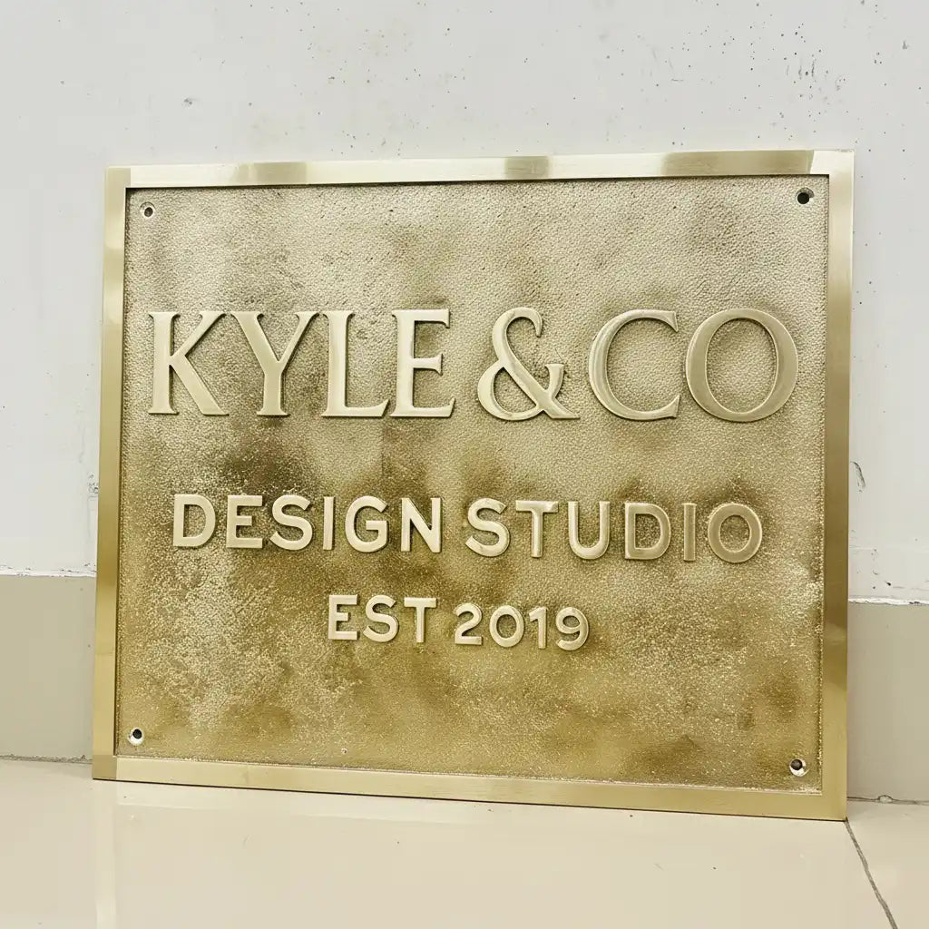 Engraved brass address plaque | Gold plaque with 'KYLE & CO DESIGN STUDIO EST 2019' text on a white background