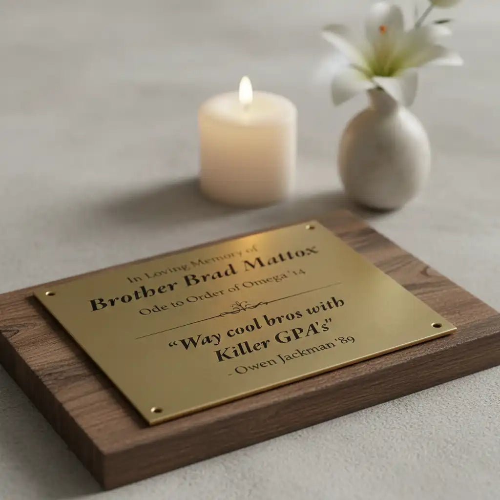 Personalized brass tribute plate on a wooden base with engraved text, next to a lit candle and white flowers.