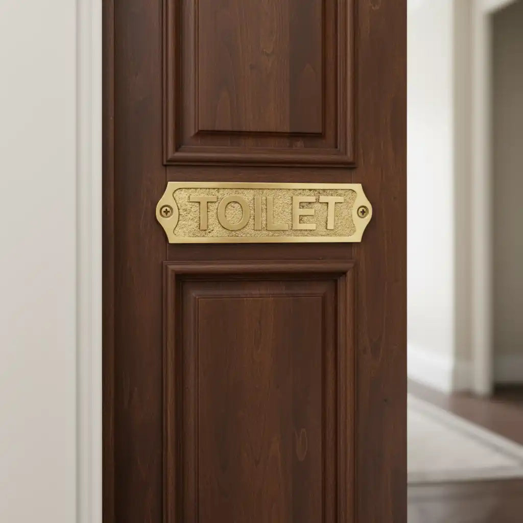 Wooden door with a Brass 'TOILET' sign
