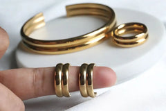 18K Gold Filled Open Cuff Double Band Bangle Ring and Earring Set