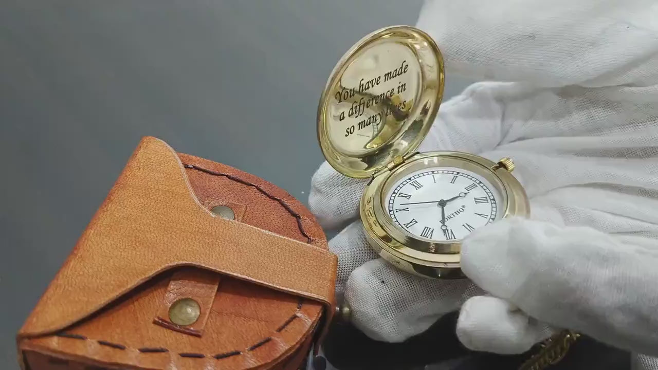 Personalized pocket watch for men with leather pouch