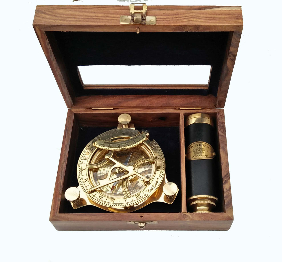 Customized Nautical Brass Compass And Telescope With Wooden Presentation box - Custom Engravable Marine gifts Ideas