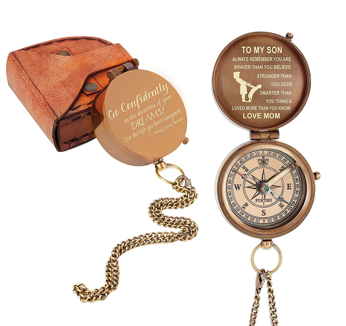 Inspirational gift compass for Son from Mom - Engraved pocket compass with leather pouch, Go confidently compass, Christmas, Graduation, birthday, hiking, camping gift for beloved son